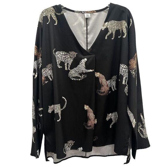 LLYS Lian Lian Leopard Animal Long Sleeve Print V Neck Top XL - Picture 1 of 10